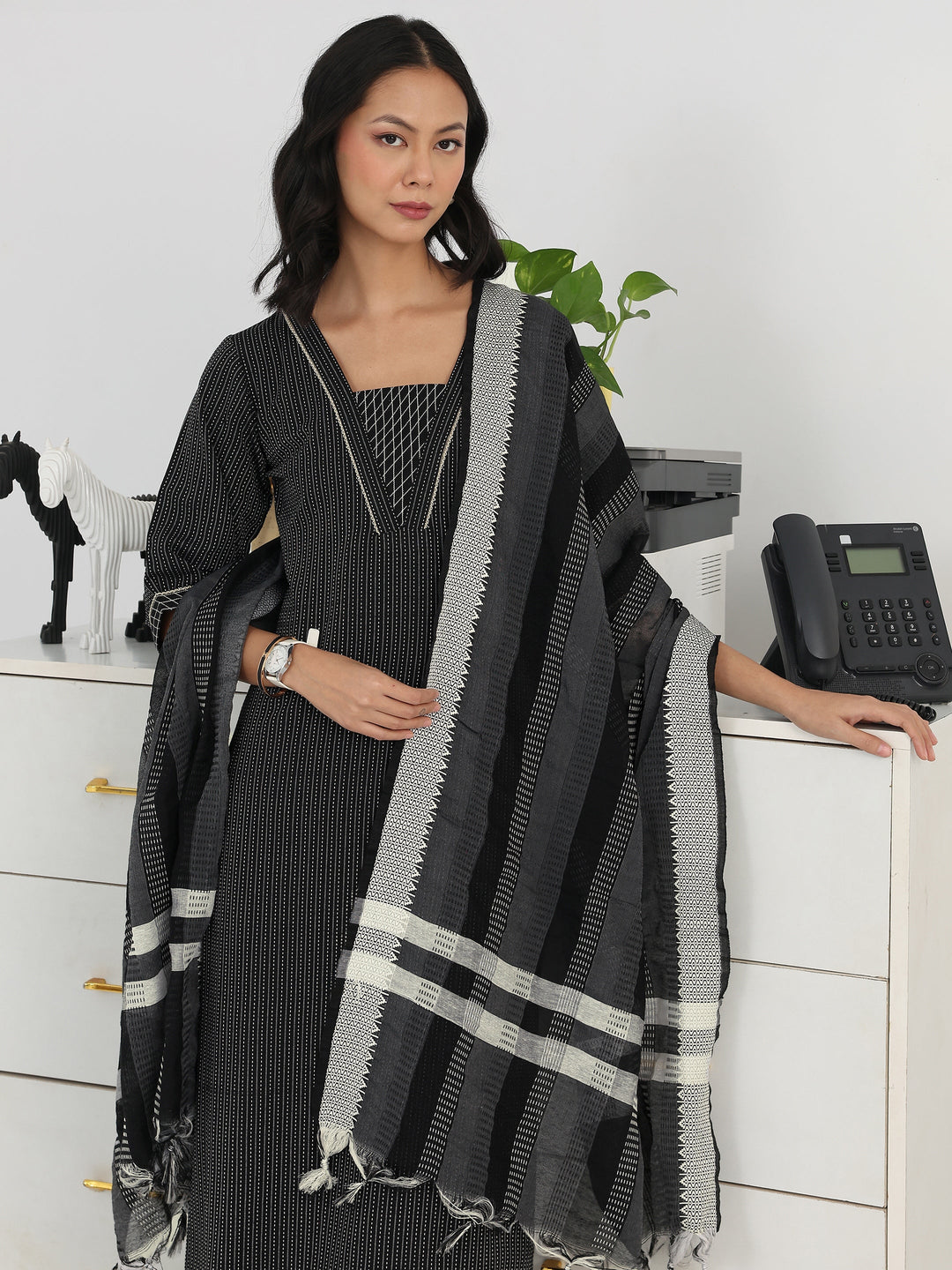 Black Striped Woven Design Cotton Blend Straight Suit Set With Dupatta