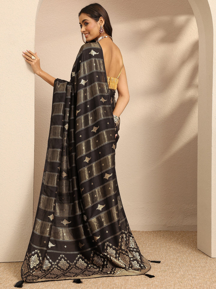 Black Woven Design Banarsi Silk Blend Saree With Unstitched Blouse Piece