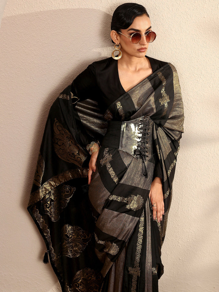 Black Woven Design Banarsi Silk Blend Saree With Unstitched Blouse Piece