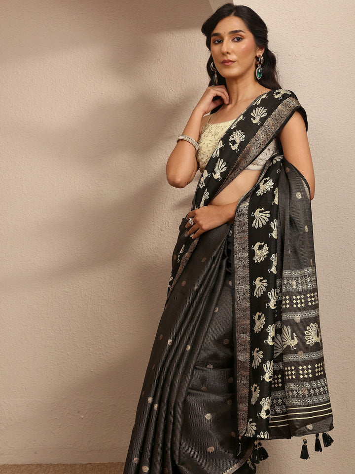 Black Woven Design Banarsi Silk Blend Saree With Unstitched Blouse Piece