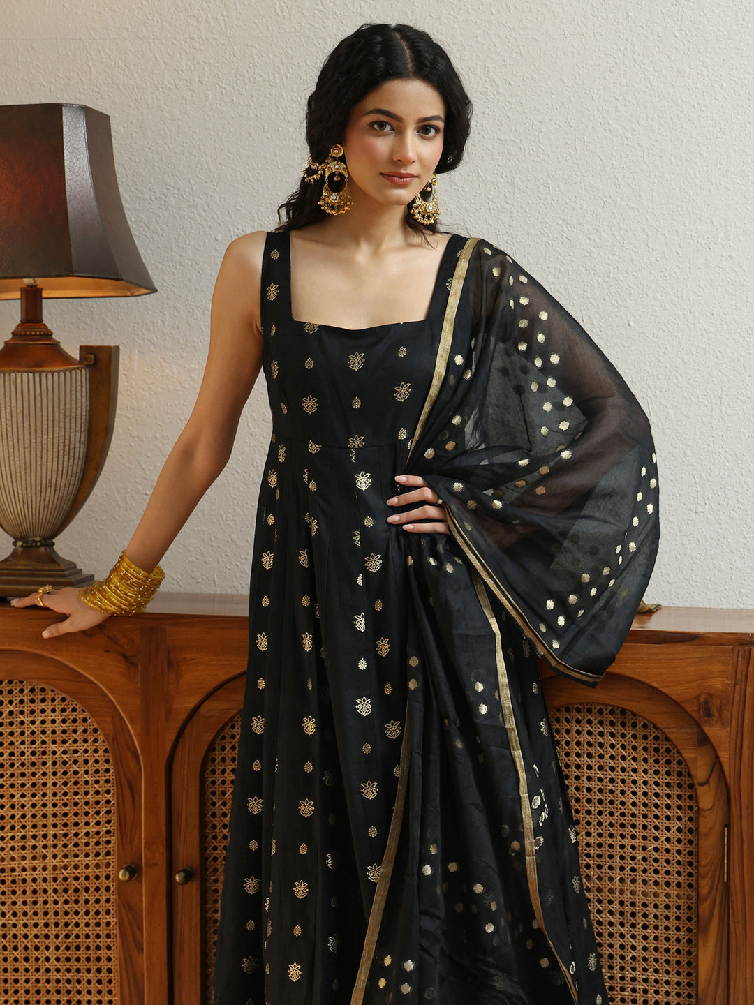Black Woven Design Chanderi Silk Anarkali Suit Set