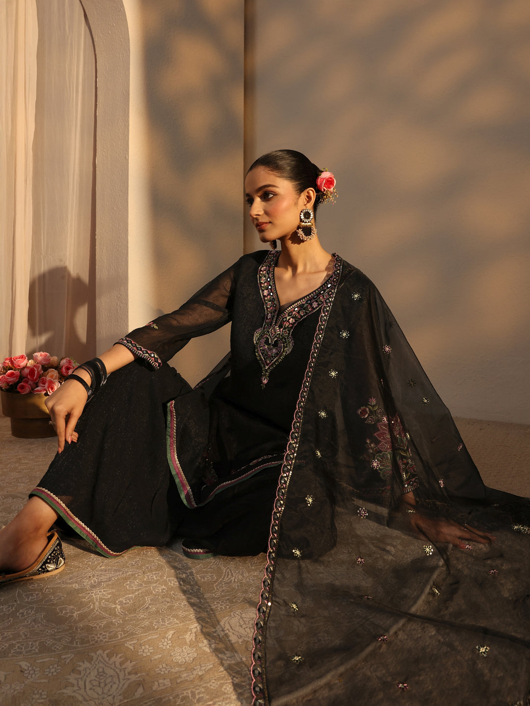 Black Woven Design Chiffon Straight Suits Set With Dupatta