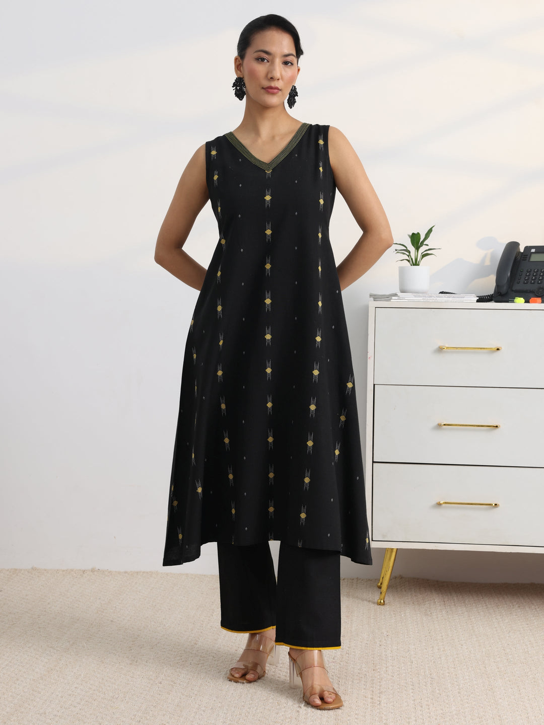 Black Woven Design Cotton Blend A-Line Kurta Set