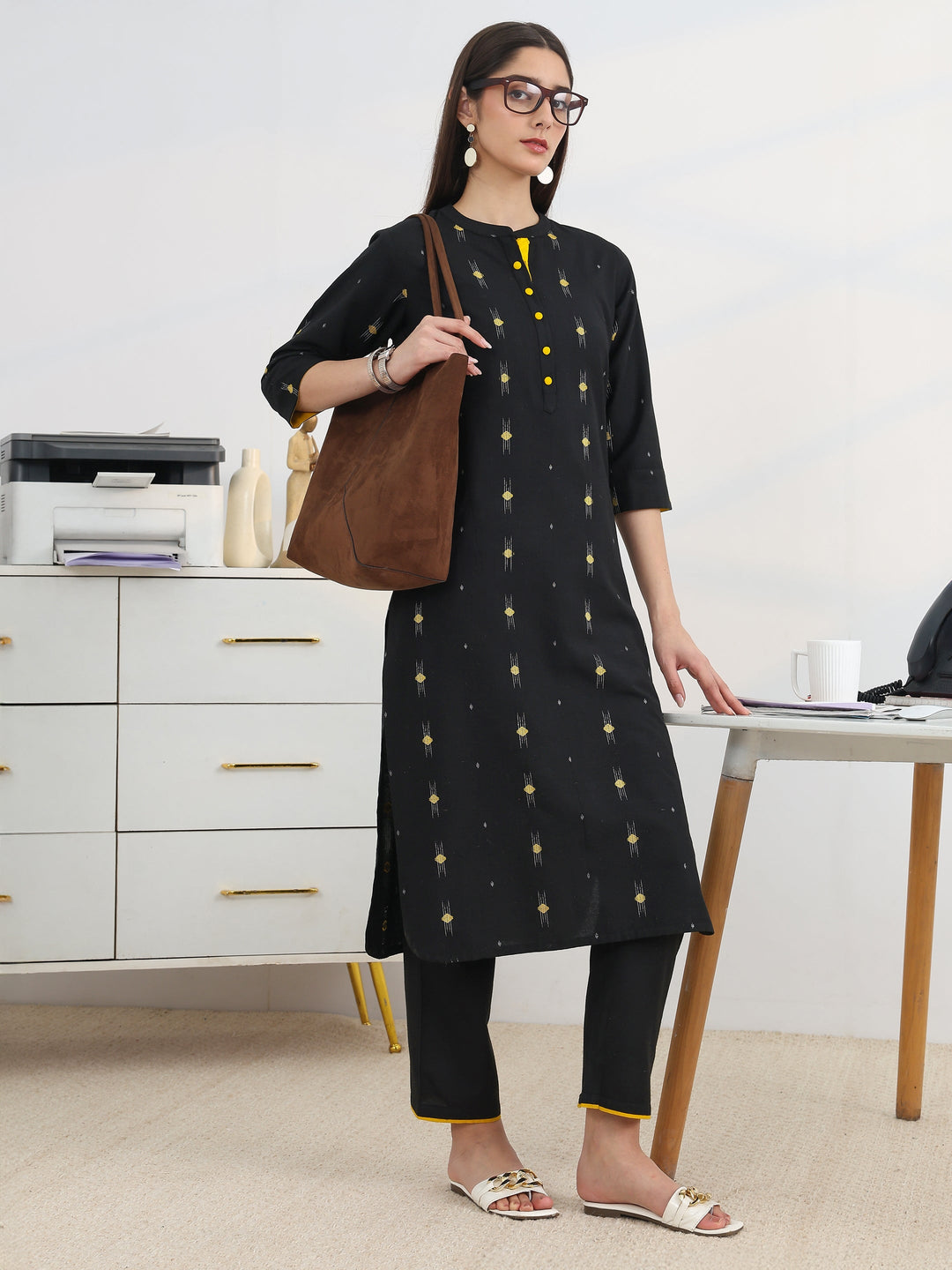 Black Woven Design Cotton Blend Straight Kurta Set