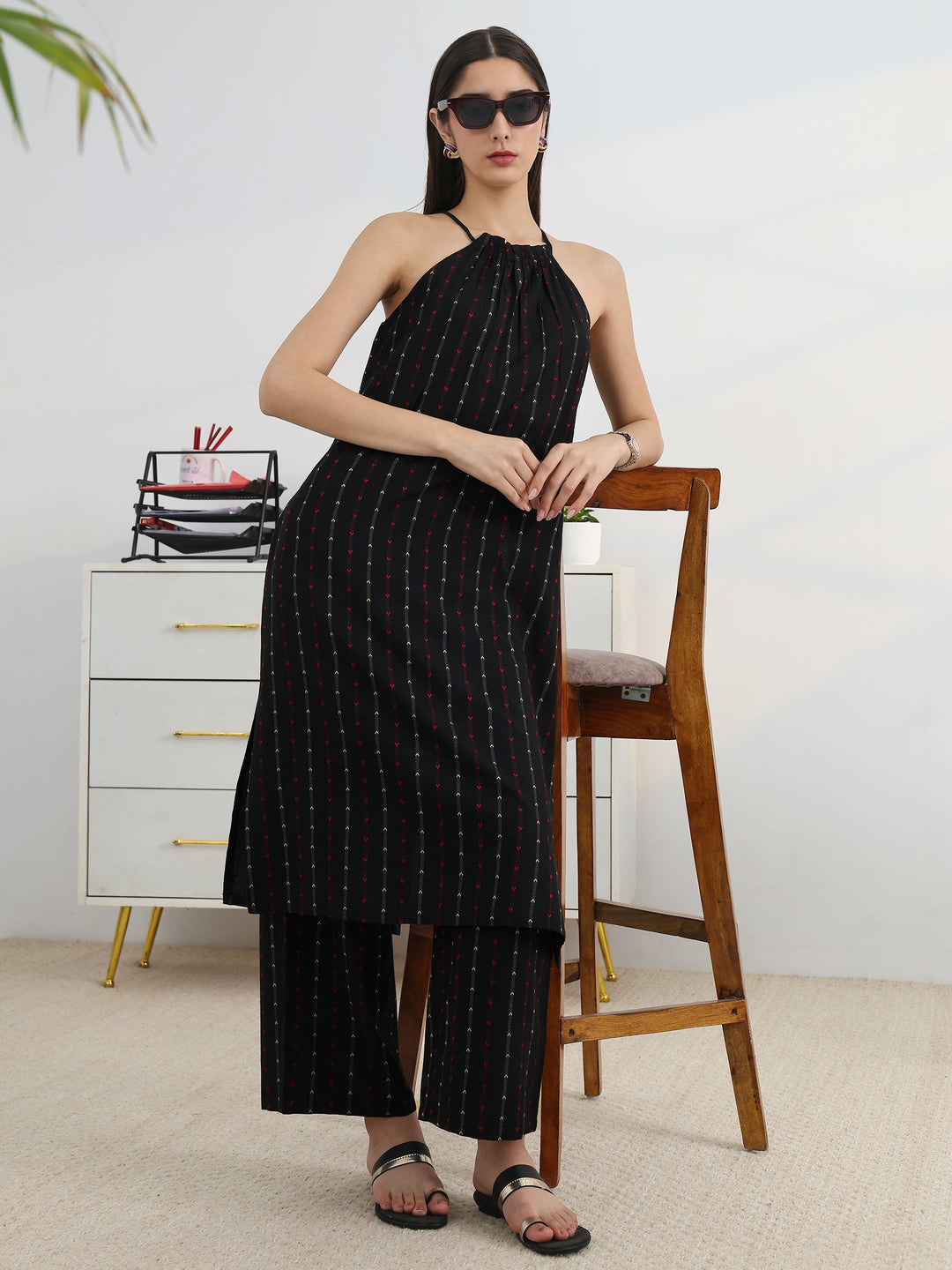 Black Woven Design Cotton Blend Straight Kurta Set