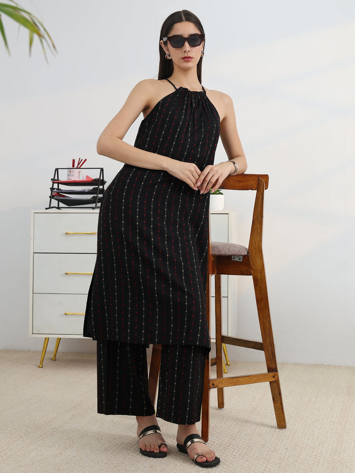 Black Woven Design Cotton Blend Straight Kurta Set