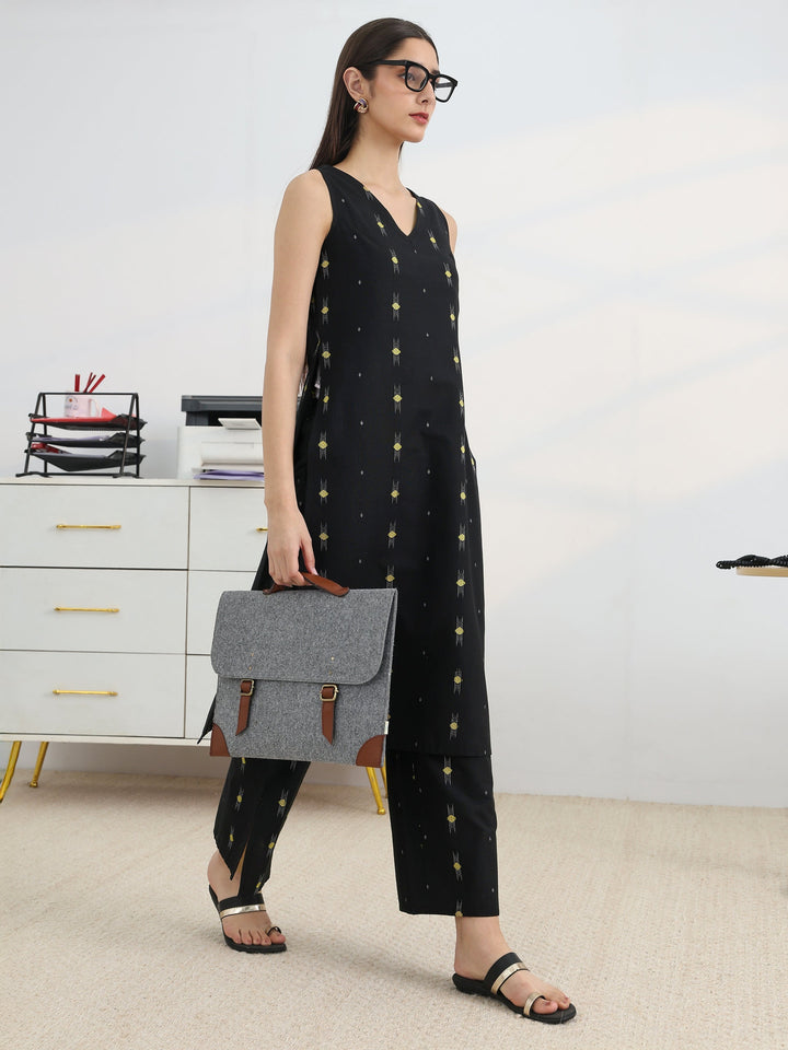 Black Woven Design Cotton Blend Straight Kurta Set