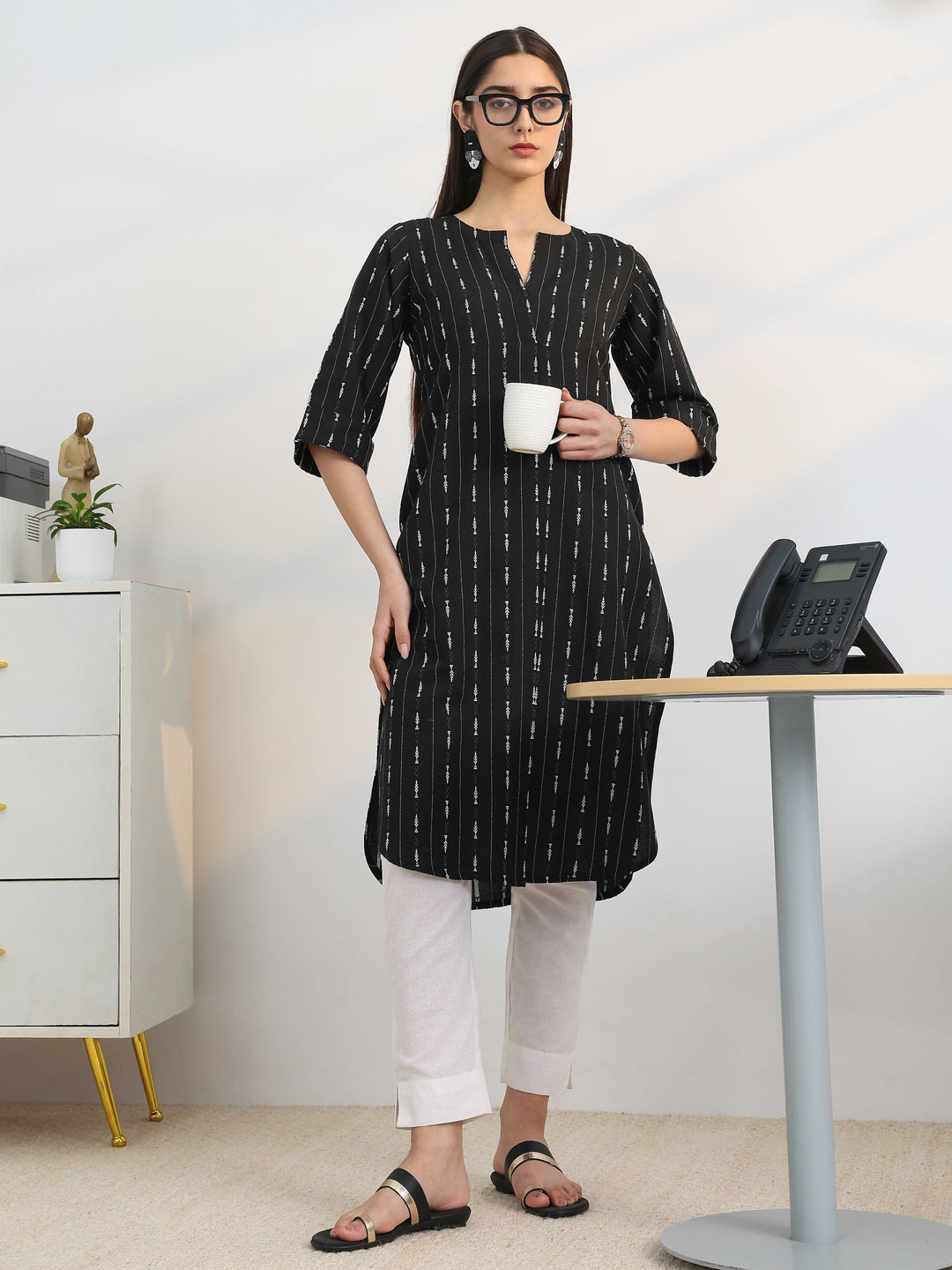 Black Woven Design Cotton Straight Kurta