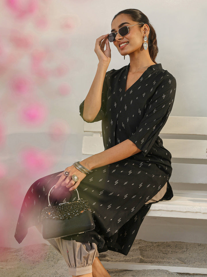 Black Woven Design Rayon Straight Kurta