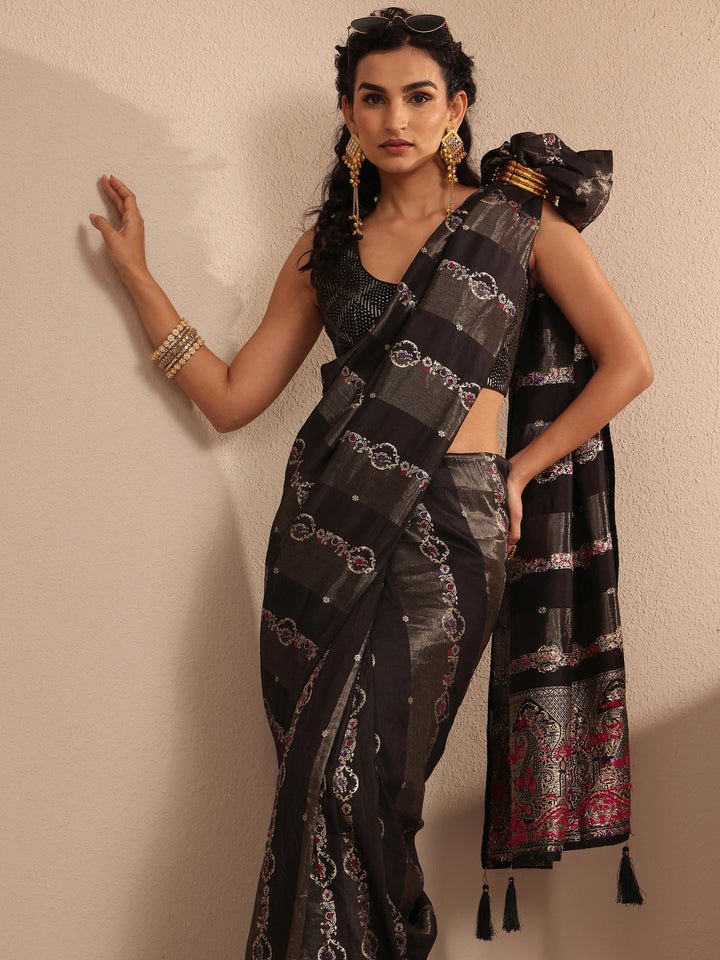Black Woven Design Silk Blend Saree With Unstitched Blouse Piece