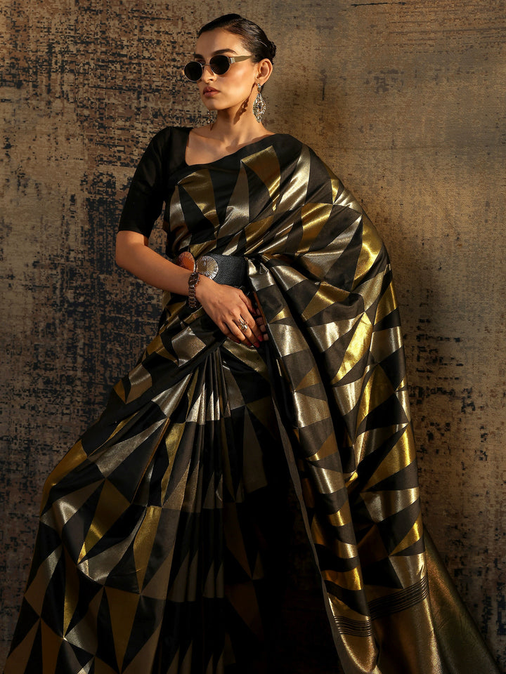 Black Woven Design Silk Blend Saree With Unstitched Blouse Piece