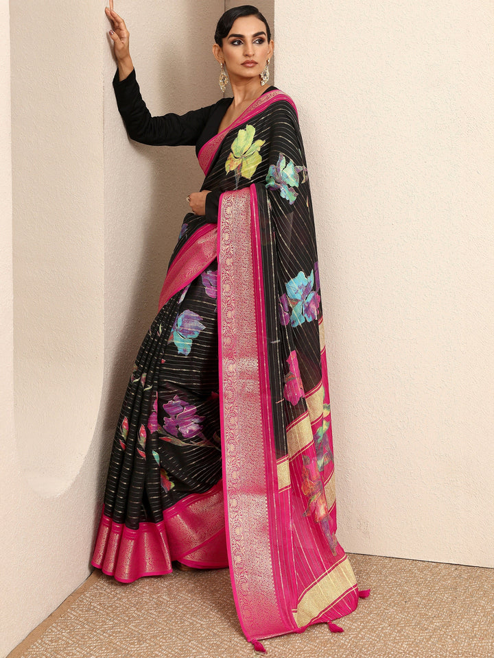 Black Woven Design Silk Blend Saree With Unstitched Blouse Piece