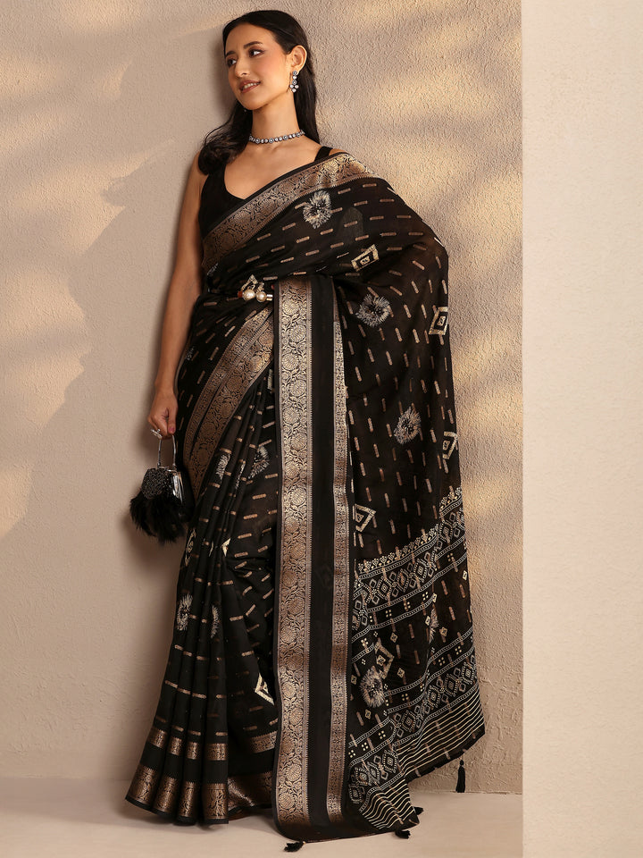 Black Woven Design Silk Blend Saree With Unstitched Blouse Piece