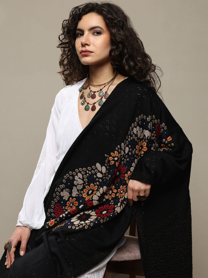 Black Woven Design Wool Women's Shawl