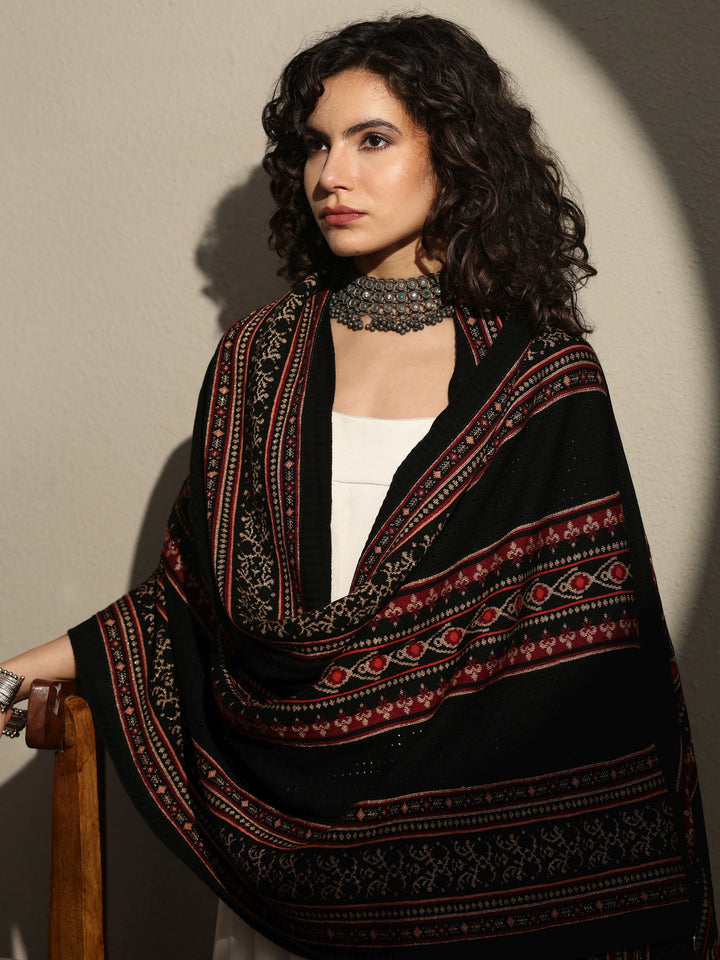 Black Woven Design Wool Women's Shawl