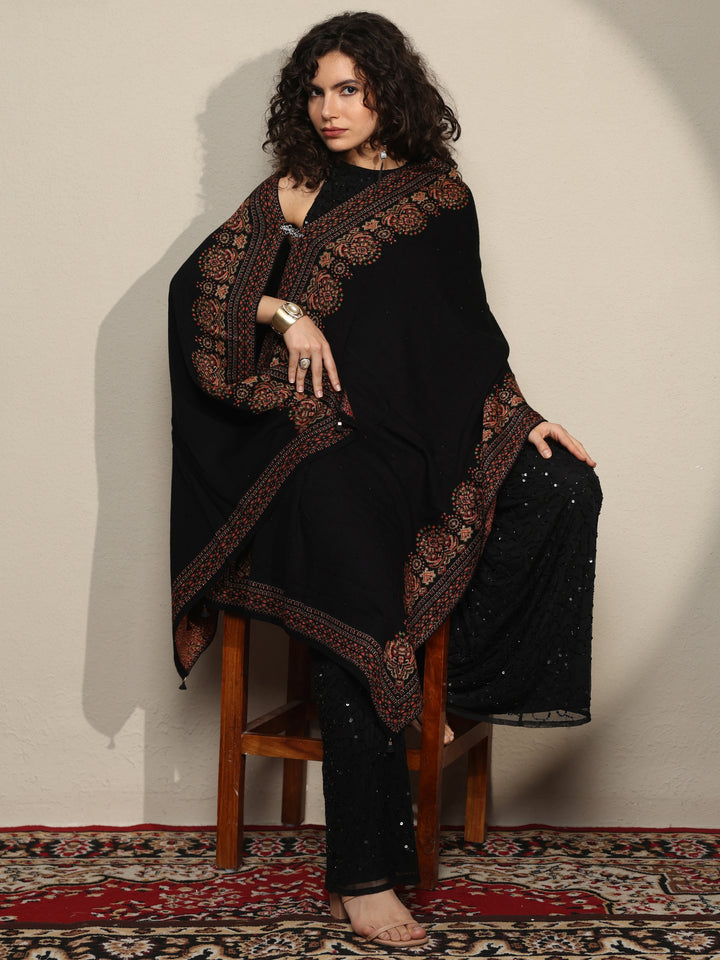 Black Woven Design Wool Women's Shawl