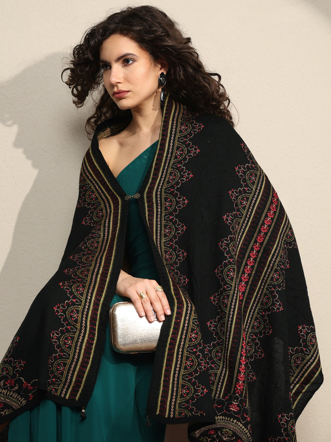 Black Woven Design Wool Women's Shawl
