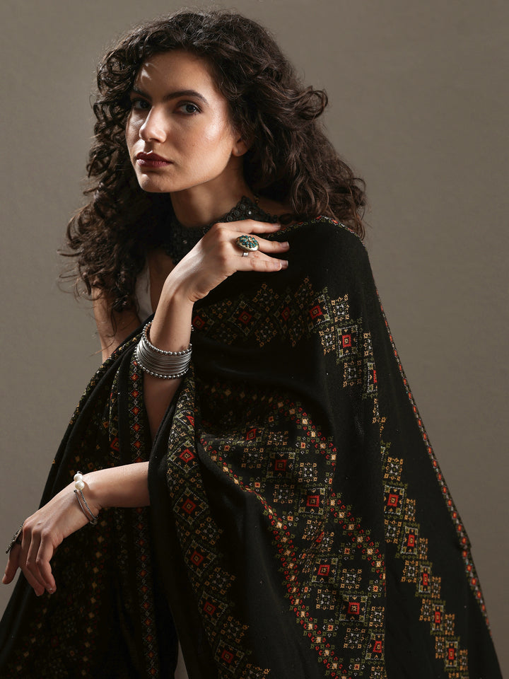 Black Woven Design Wool Women's Shawl