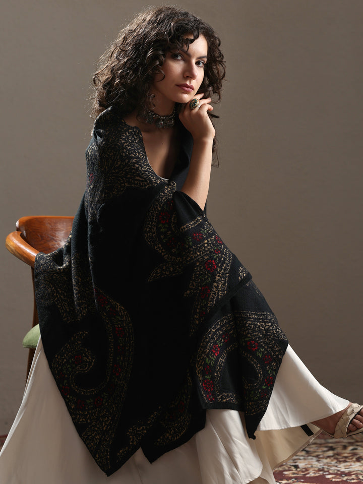 Black Woven Design Wool Women's Shawl