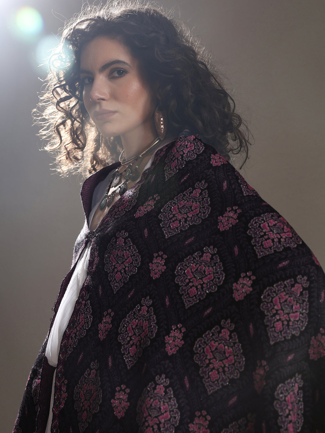 Black Woven Design Wool Wrap Shawl