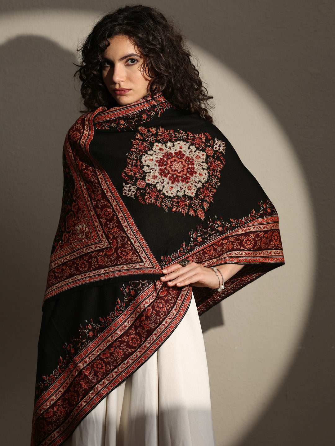 Black Woven Design Wool Wrap Shawl