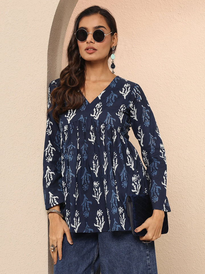Blue Abstract Printed Cotton A-Line Short Kurti