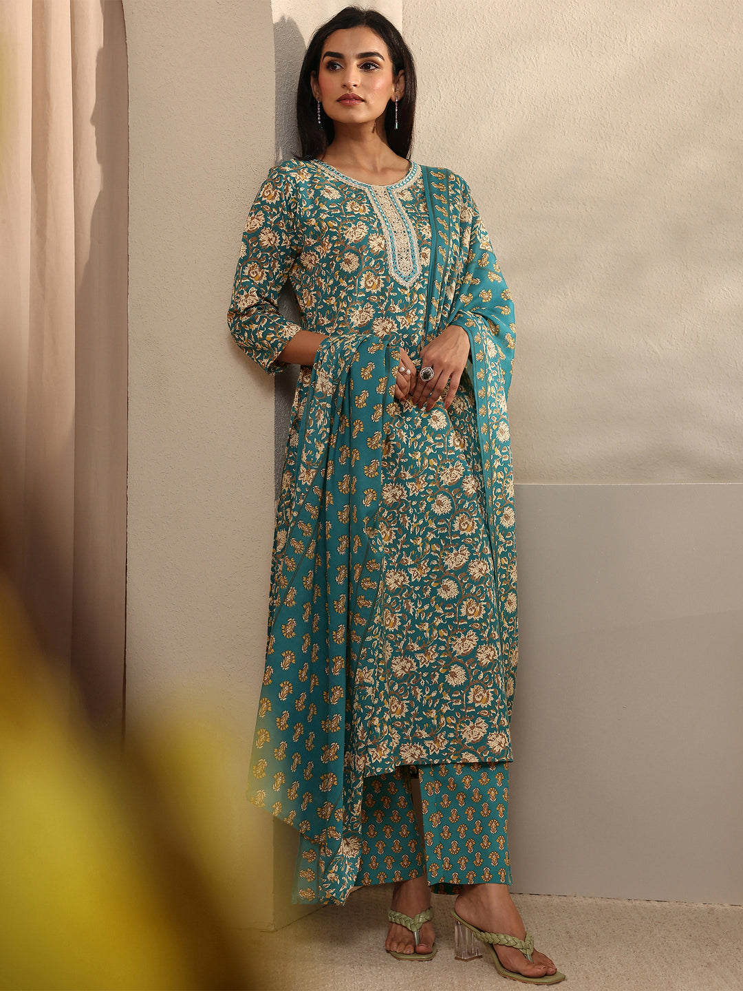Blue Abstract Printed Cotton Blend Straight Suit Set With Dupatta