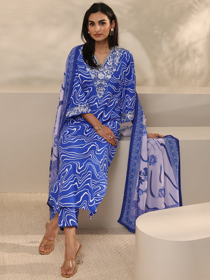 Blue Abstract Printed Cotton Blend Straight Suit Set With Dupatta