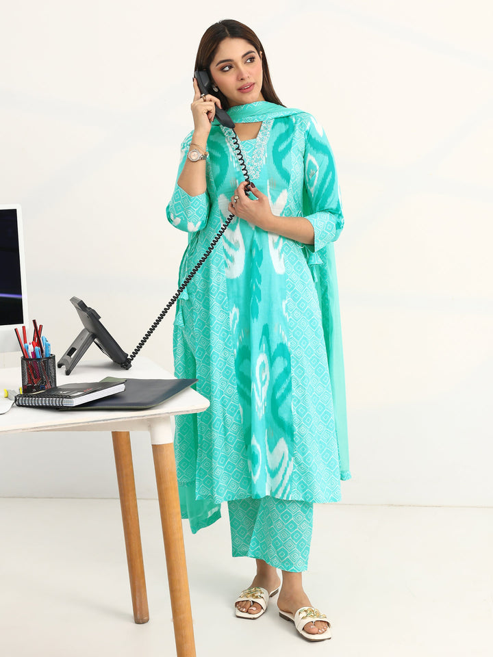 Blue Abstract Printed Cotton Blend Straight Suit Set With Dupatta