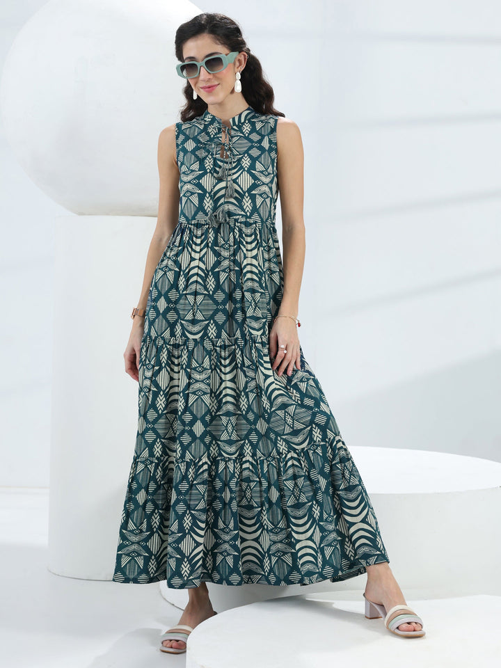 Blue Abstract Printed Cotton Fit-And-Flare One-Piece Tiered Dress