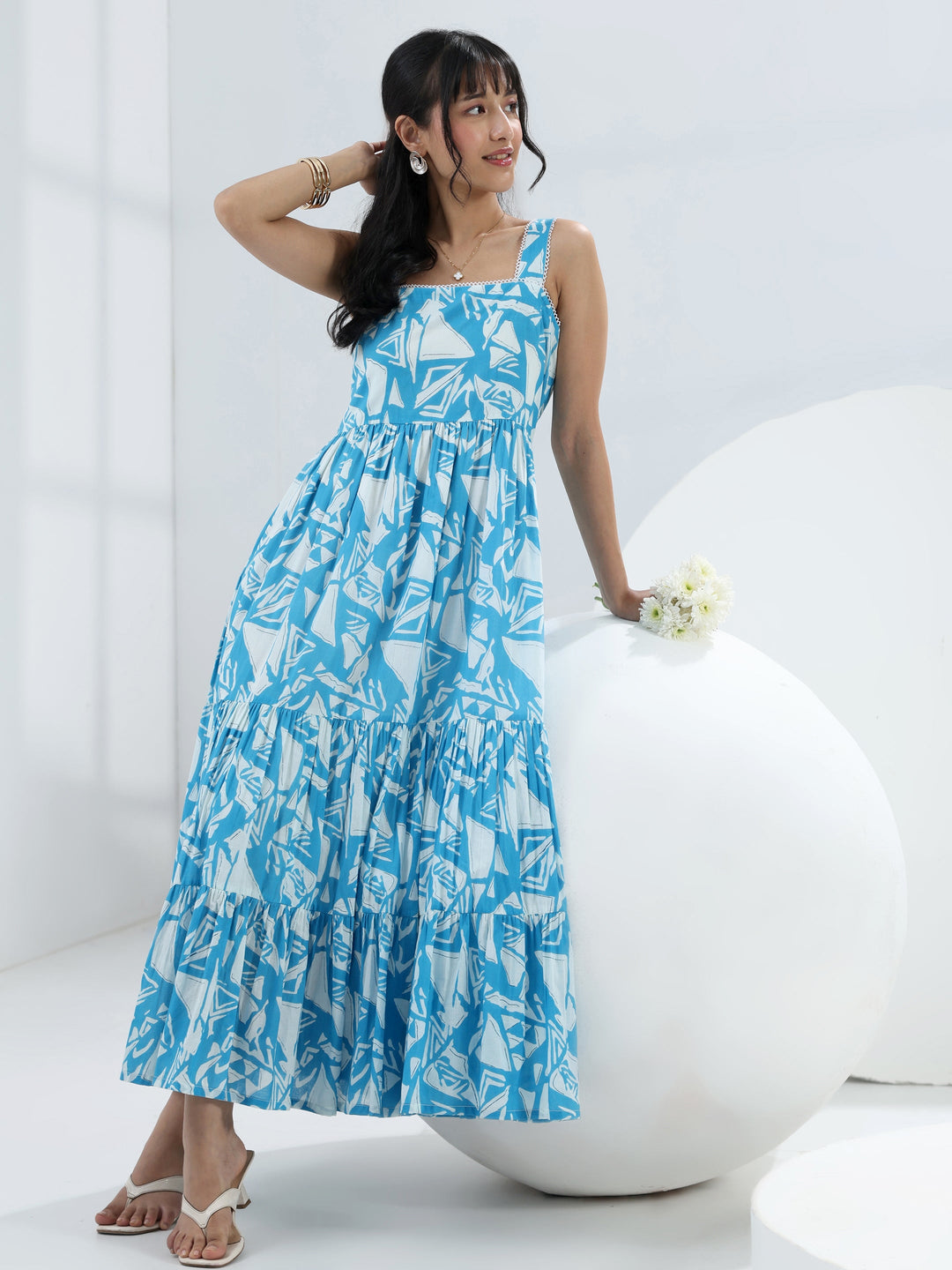 Buy Blue Abstract Printed Cotton One-Piece Tiered Dress Online in USA at  $28.00
