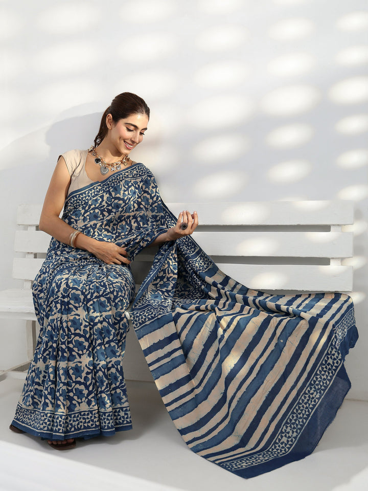 Indigo Floral Bagru Print Cotton Saree