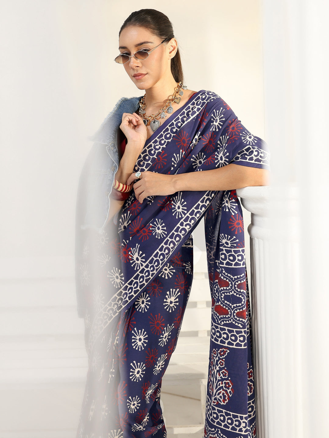 Blue Floral Dabu Print Cotton Saree
