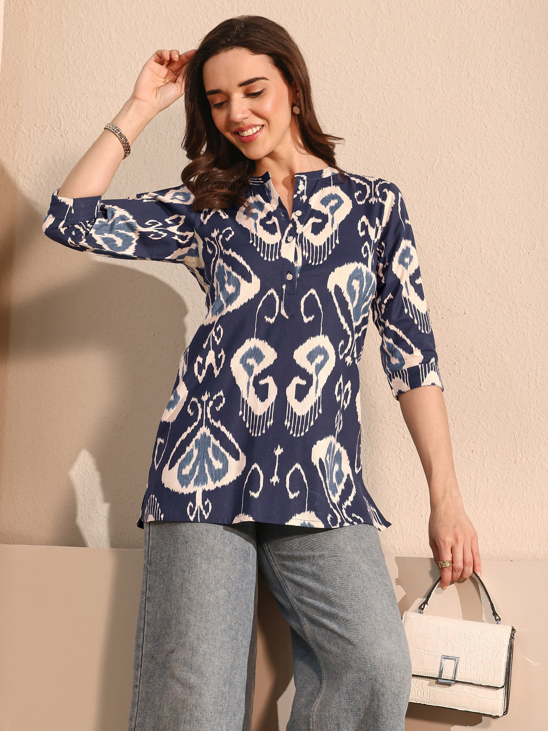 Blue Abstract Printed Cotton Straight Short Kurti
