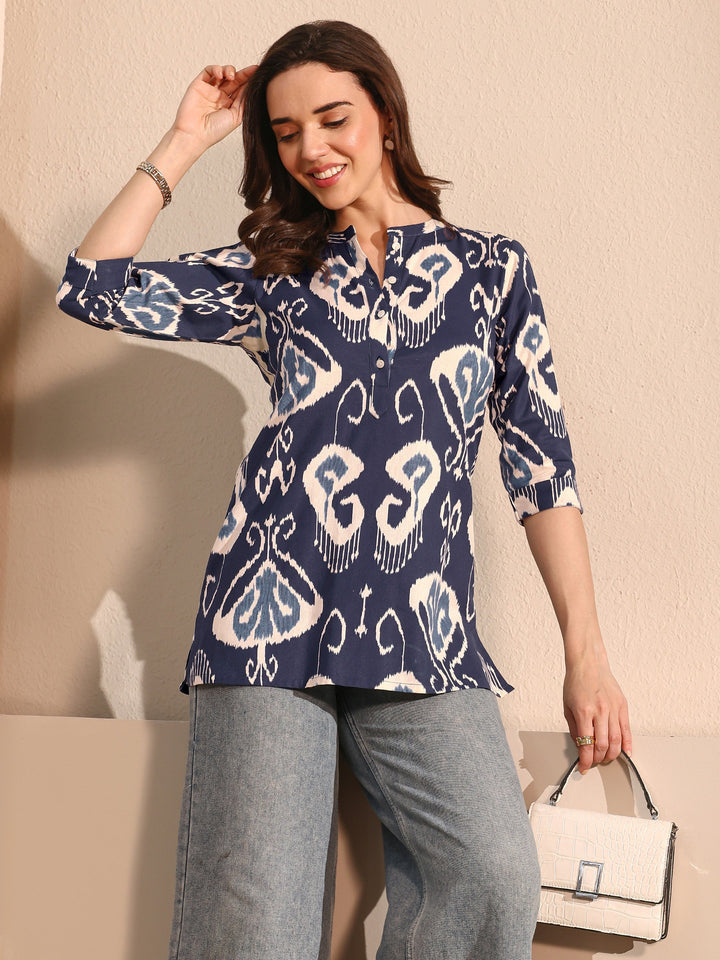 Blue Abstract Printed Cotton Straight Short Kurti