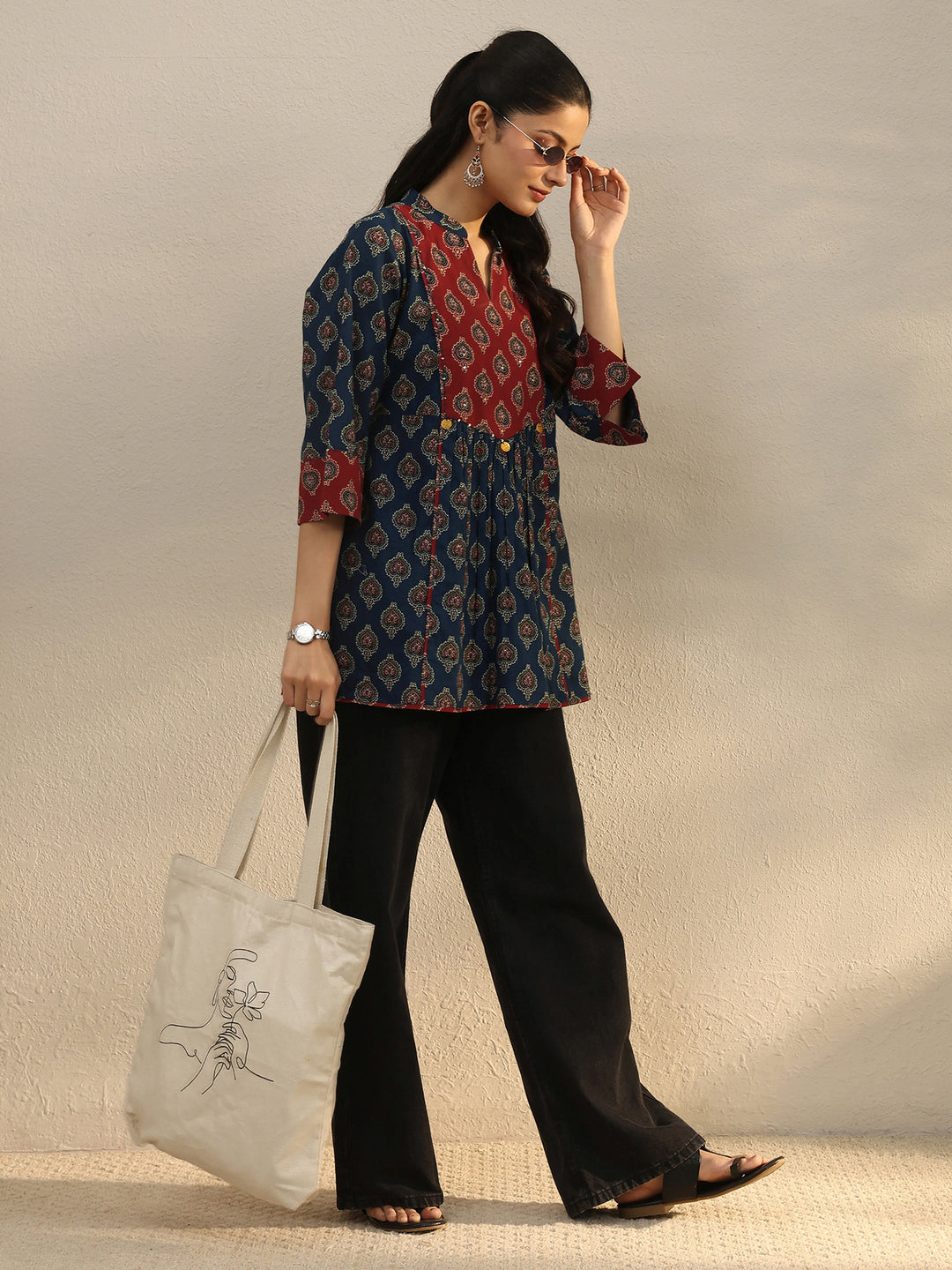 Blue Ajarkh Printed Cotton A-Line Short Kurti