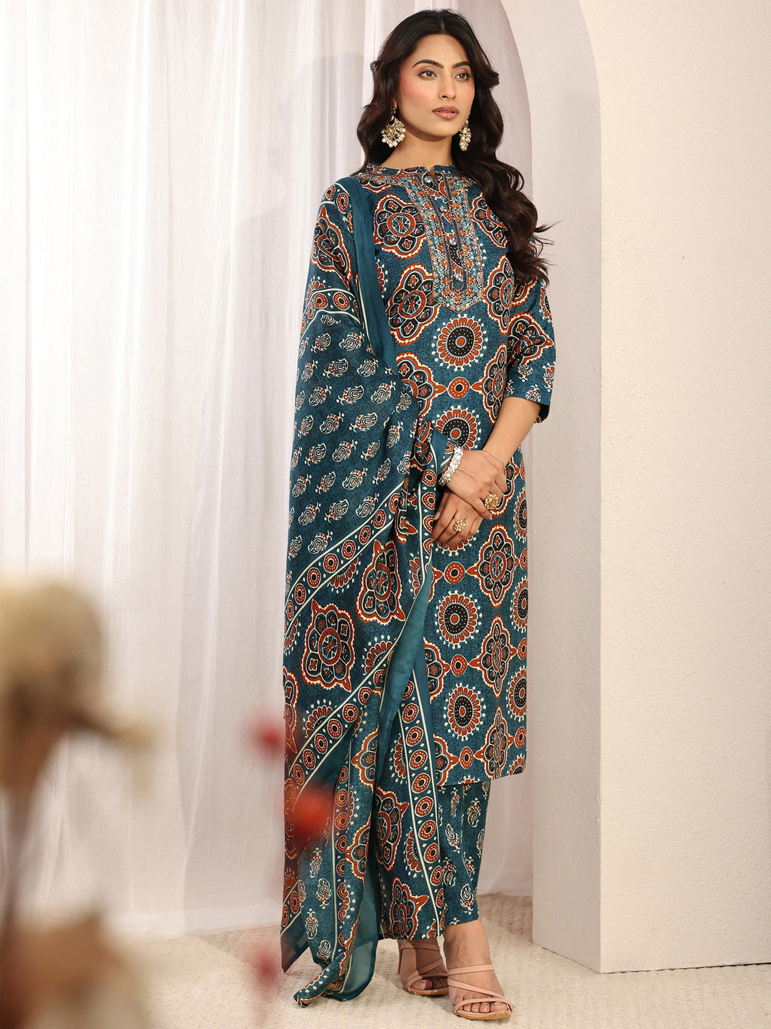 Blue Ajrakh Printed Cotton Blend Straight Suit Set With Dupatta