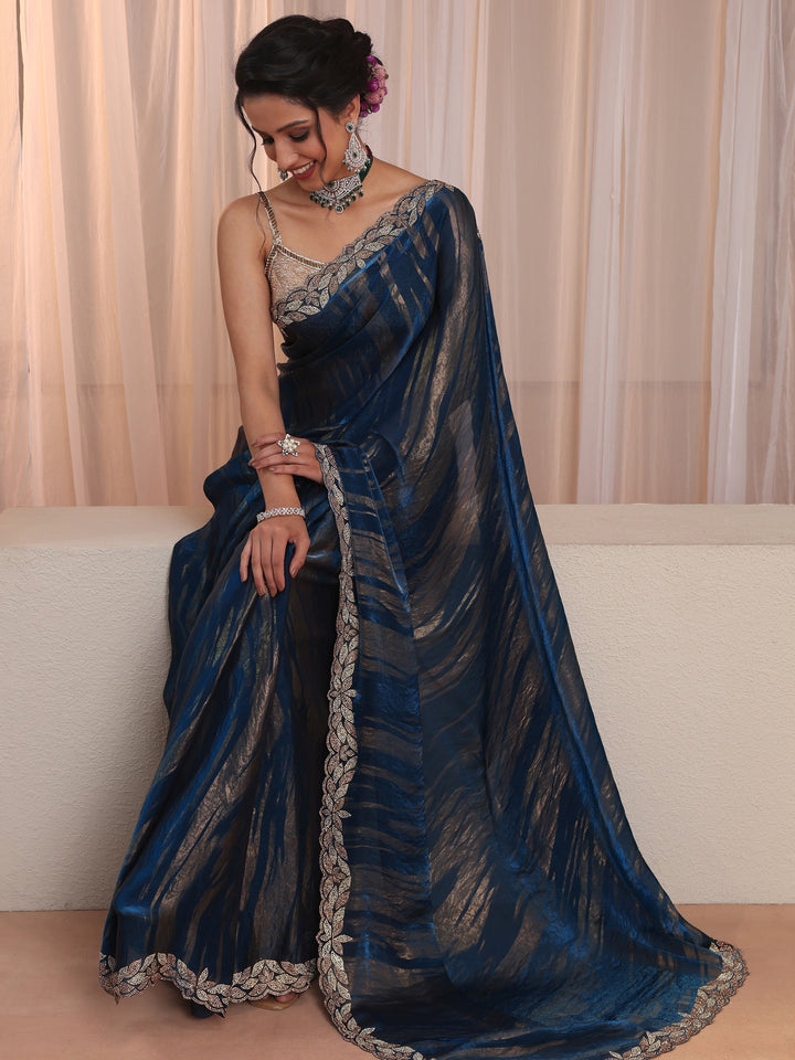 Blue And Golden Tissue Saree With Embellished Border