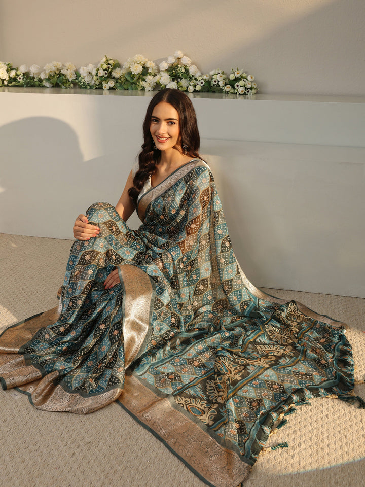 Blue Bandhani Printed Chiffon Saree With Unstitched Blouse Piece