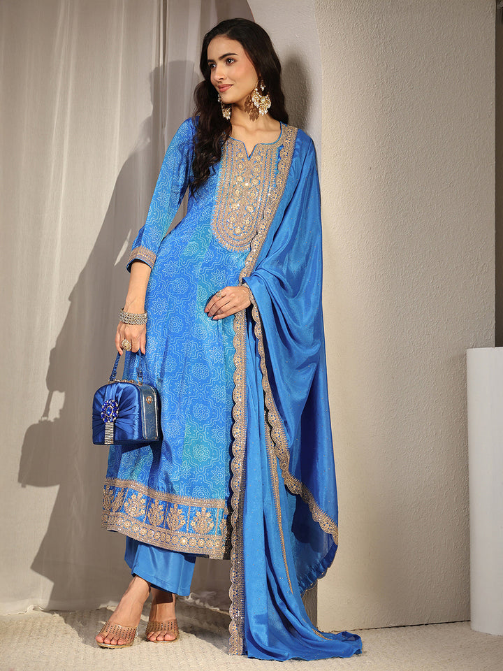 Blue Bandhani Printed Chinon Anarkali Suit Set With Dupatta
