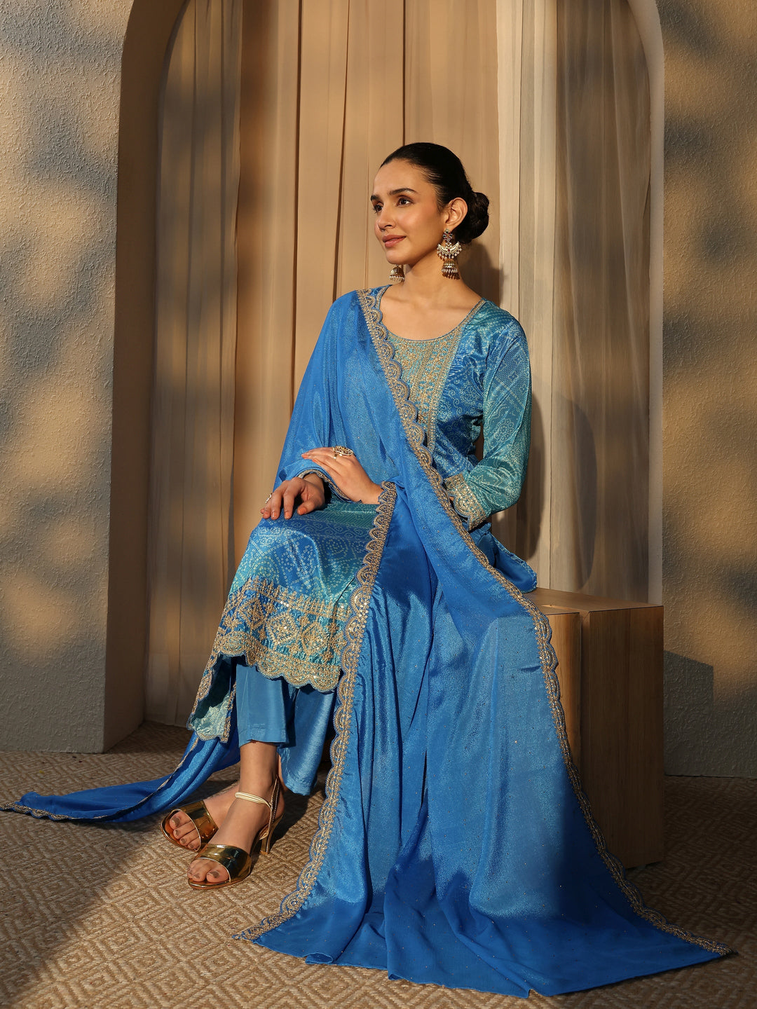 Blue Bandhani Printed Chinon Straight Suit Set With Dupatta