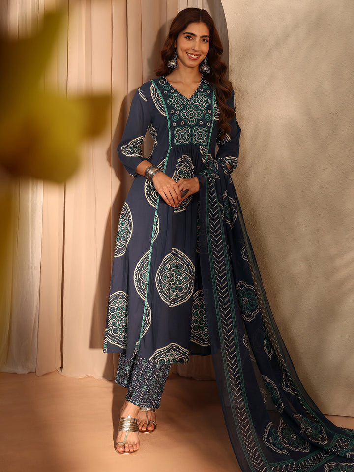 Blue Bandhani Printed Cotton Blend A-Line Suit Set With Dupatta