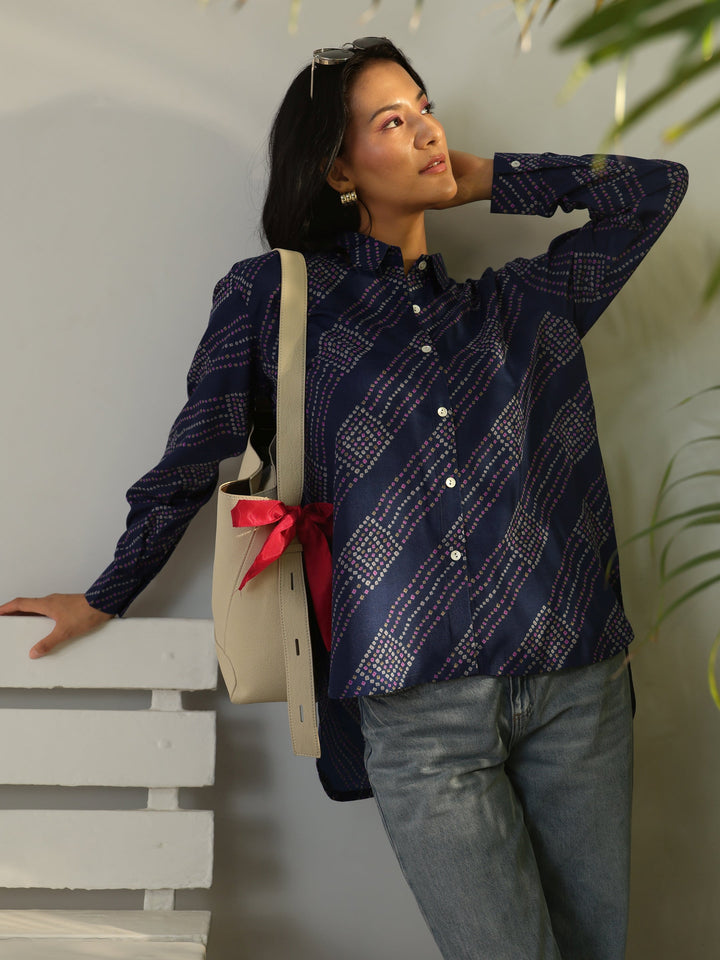 Blue Bandhani Printed Cotton Blend Shirt