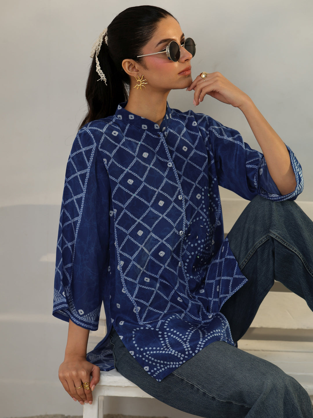Blue Bandhani Printed Crepe Shirt