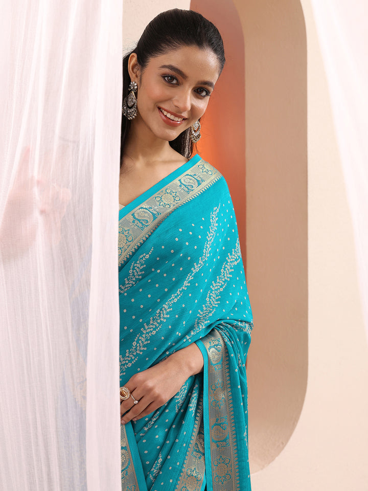 Blue Bandhani Printed Silk Blend Saree With Unstitched Blouse Piece