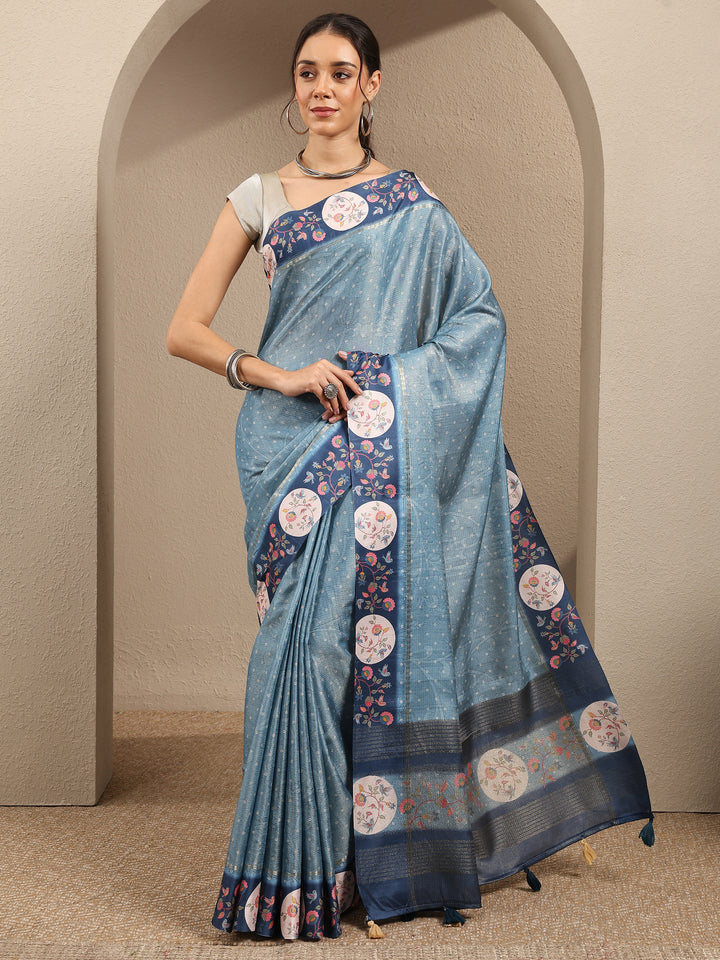 Blue Bandhani Printed Silk Blend Saree With Unstitched Blouse Piece