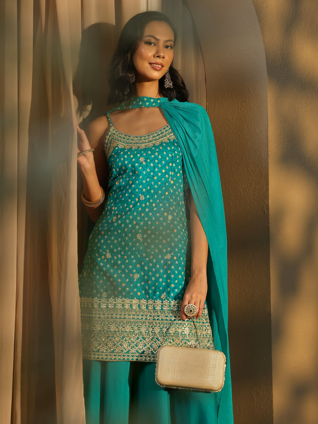 Blue Bandhani Printed Silk Blend Straight Suit Set With Dupatta