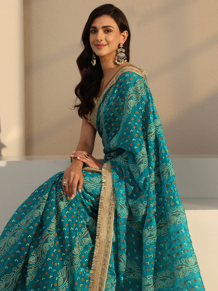 Blue Bandhani Printed Tissue Saree With Unstitched Blouse Piece