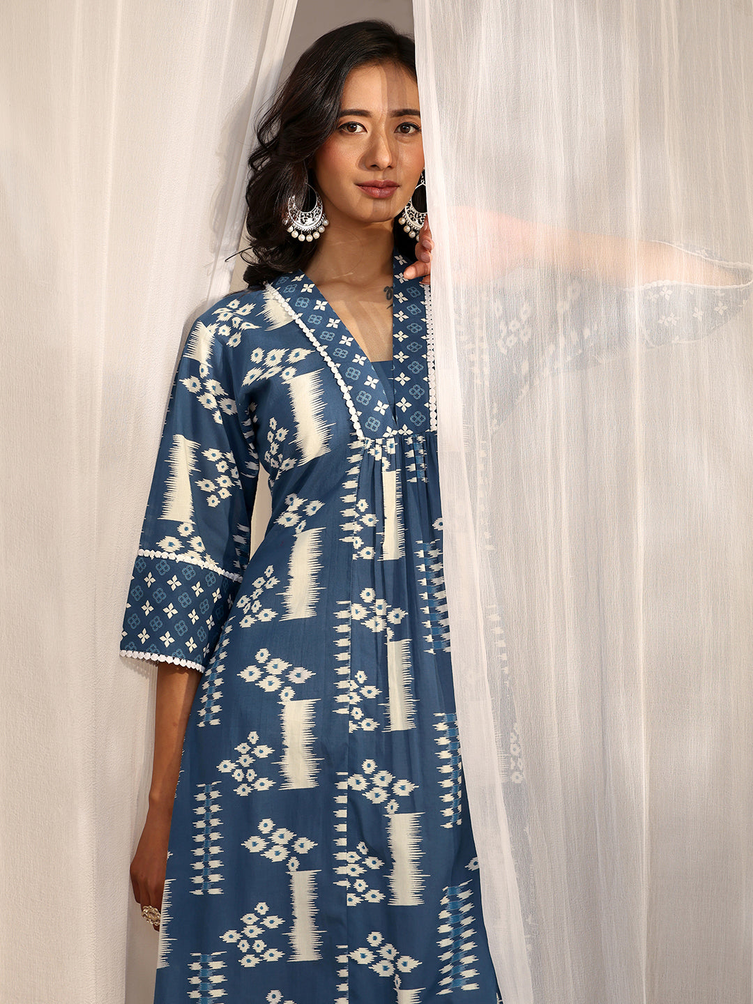 Blue Block Printed Cotton A-Line Kurta