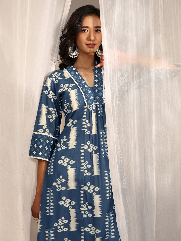 Blue Block Printed Cotton A-Line Kurta